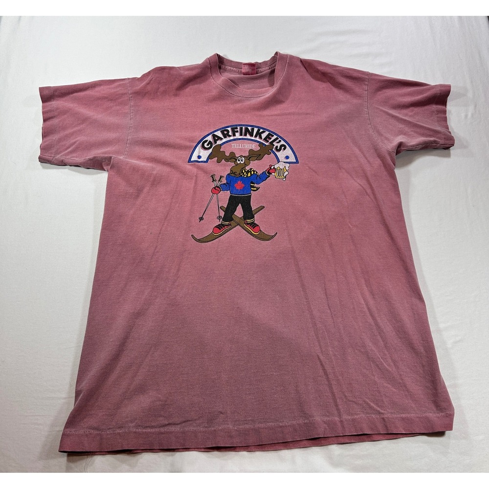 Vintage Fruit of the Loom Garfinkels Telluride Skiing Moose T-Shirt XL Pink USA